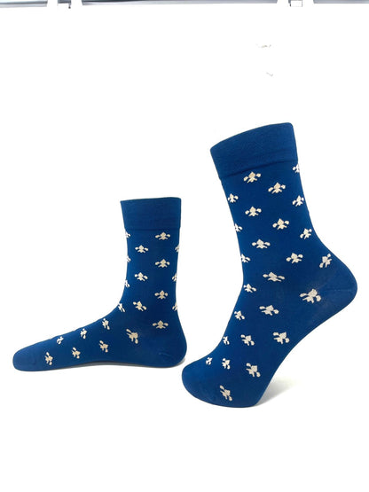 Navy Blue and White Floral Bamboo Crew Socks