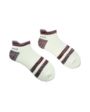 Pair of white socks with maroon accents on a white background