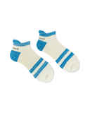 Pair of white socks with blue accents on a white background